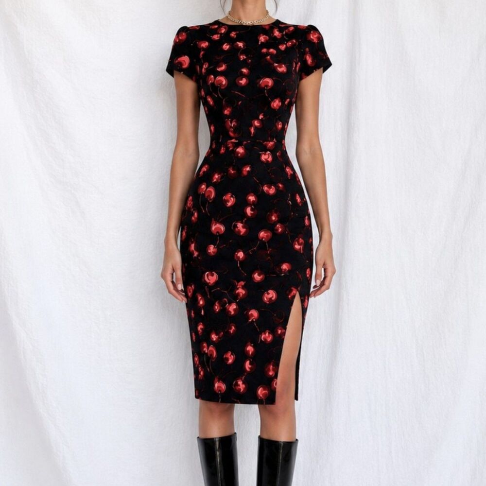 Vintage Y2K 90s Black Red Side Slit Bodycon Cocktail Sheath Party Dress Size M